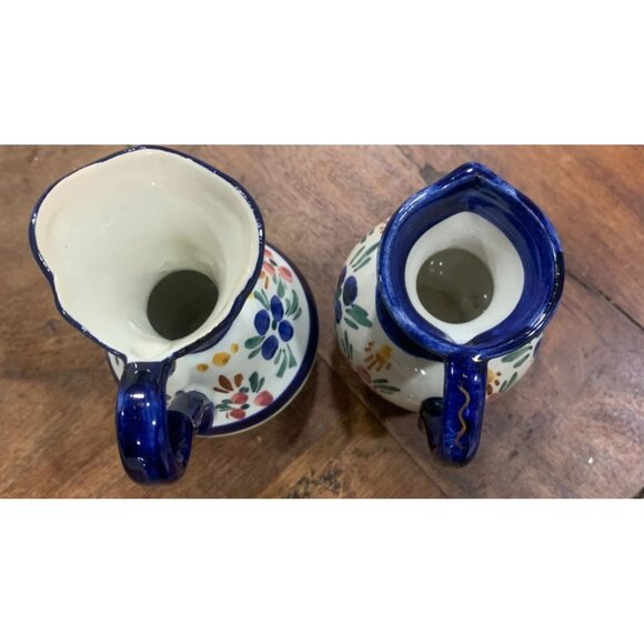 Vtg Cora Handpainted Ceramic Creamer & Sugar Bowl Set Blue & Yellow Floral - Picture 5 of 6